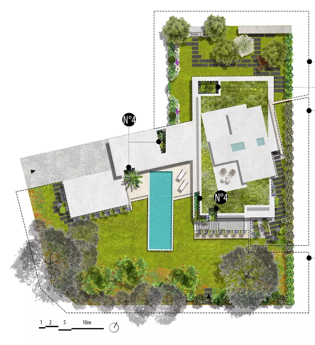 Création d'un jardin avec la réalisation d'un plan d'aménagement de jardin et de plantation, et un croquis d'ambiance d'un aménagement extérieur. 
