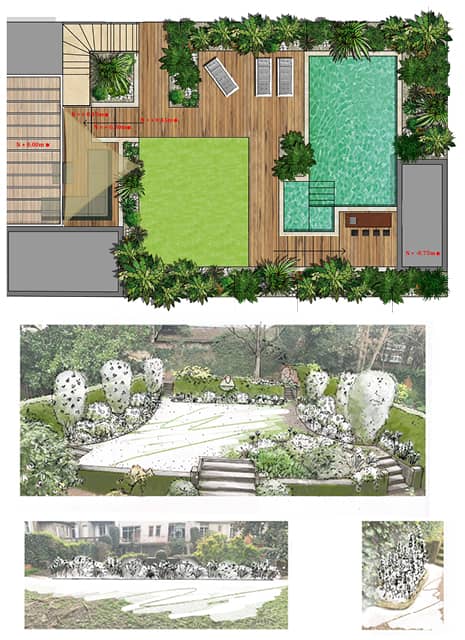 Création d'un jardin avec la réalisation d'un plan d'aménagement de jardin et de plantation, et un croquis d'ambiance d'un aménagement extérieur. 