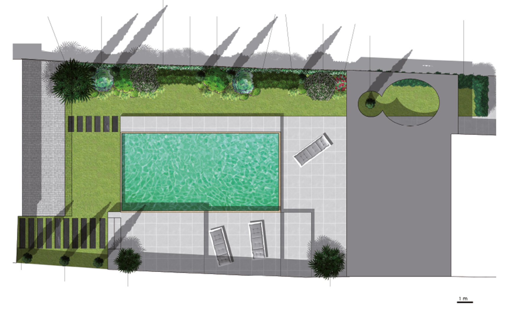 Plan de conception avec terrasse, piscine, et jardinires