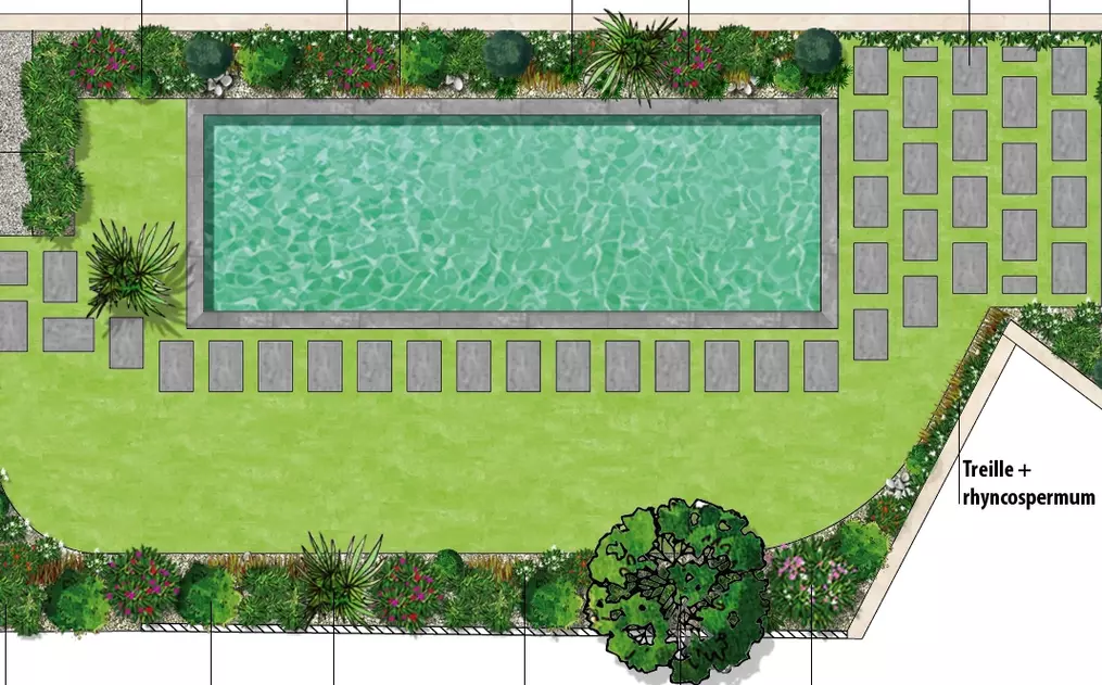 Plan d'aménagement de jardin réalisé par un architecte paysagiste à Bordeaux, comprenant l'intégration de plantation et de massifs, une terrasse, du gazon, une allée en dalle et une piscine.