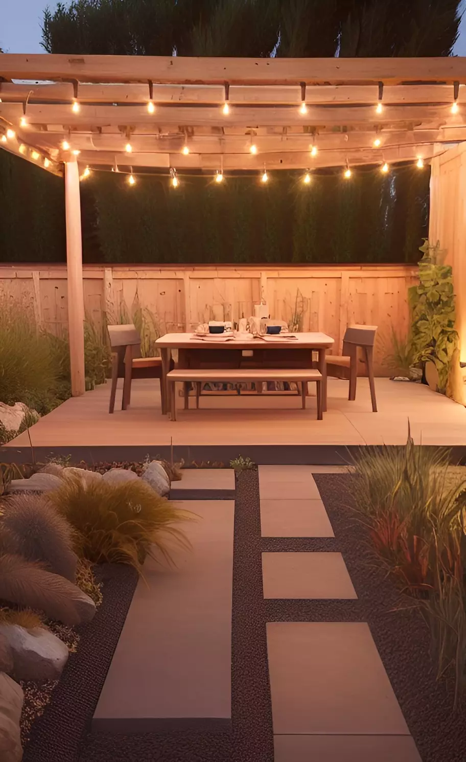 Jardin moderne, sec et minimaliste avec une terrasse bois, une pergola et des lumières