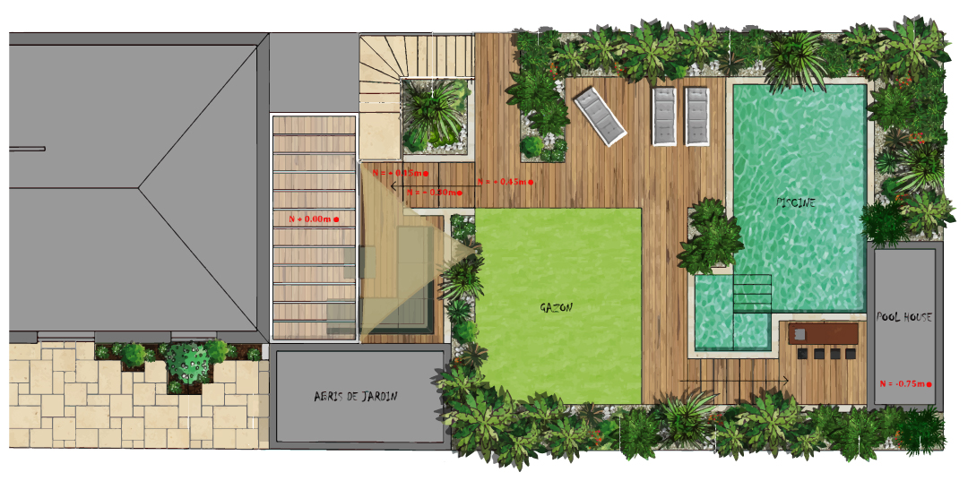 Plan d'aménagement d'une maison de ville style jardin d'echoppe avec piscine, terrasse, bar etc...
