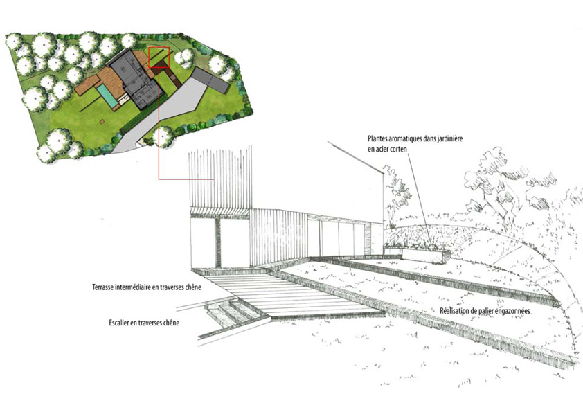 Plan de jardin et dessin d'ambiance pour un jardin situé à Bordeaux par Createck paysage, paysagiste à Bordeaux