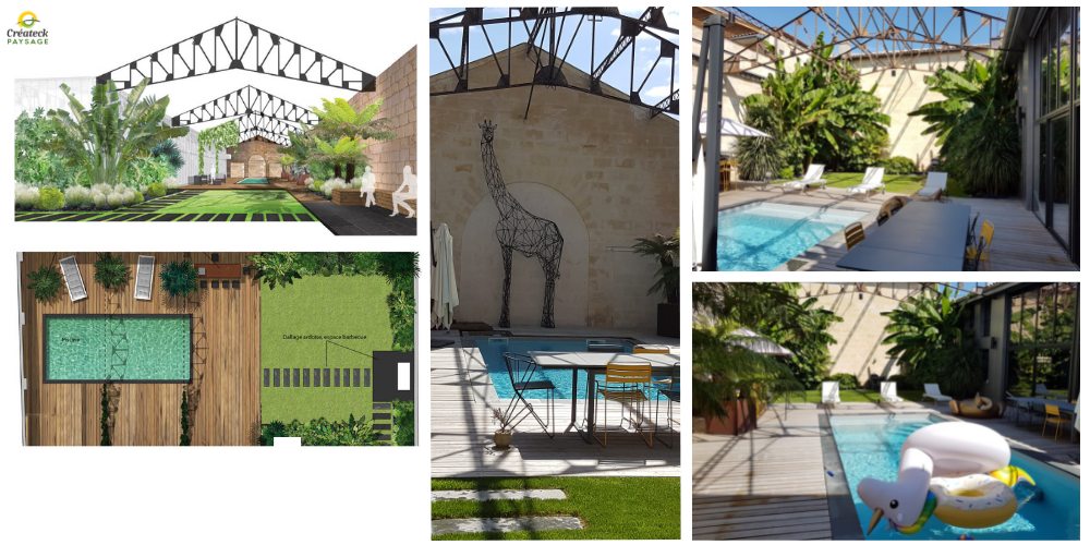 Aménagement d'un jardin moderne situé à Bordeaux (33), avec la réalisation d'éléments visuels (Plan de conception, plan de massif, visualisation 3D, etc..)
