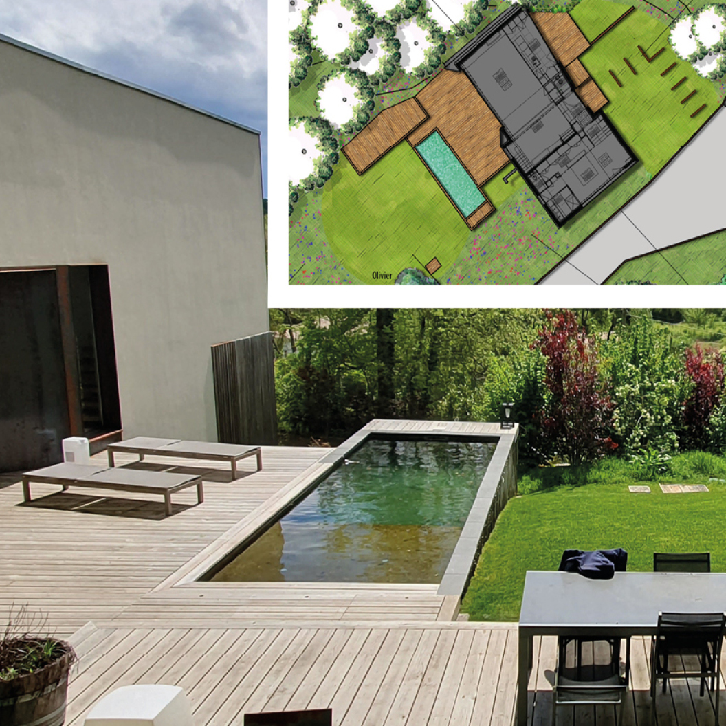 Photo recoupant un plan d'aménagement de jardin et le jardin après travaux. On y voit des massifs paysagers, une piscine et une terrasse en bois. 