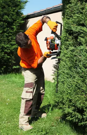 Protégez votre investissement avec l'entretien de jardin. Ici, on voit un jardinier paysagiste tailler une haie. 