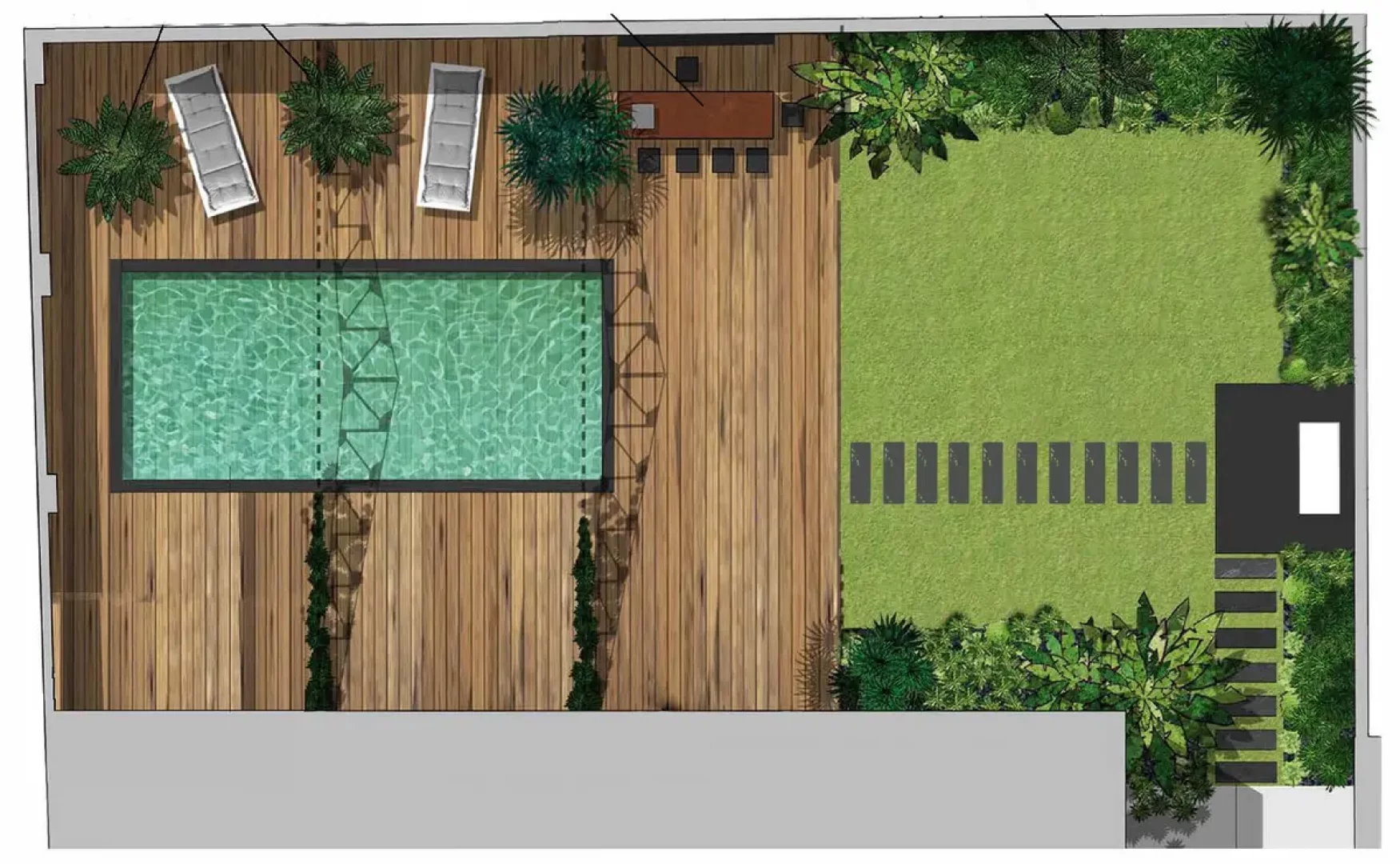 Plan de jardin avec piscine et terrasse bois 