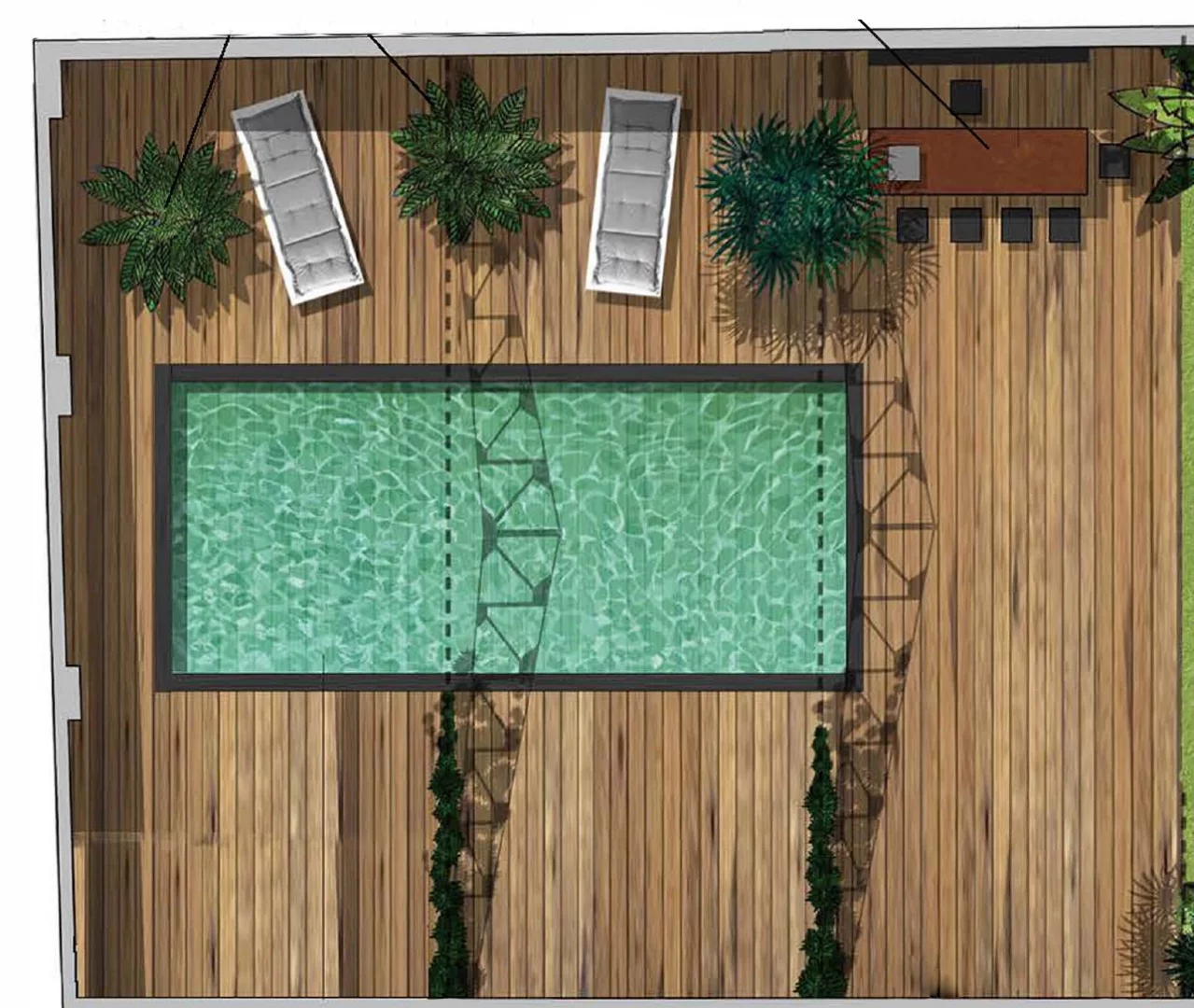 Plan de jardin avec piscine et terrasse bois 