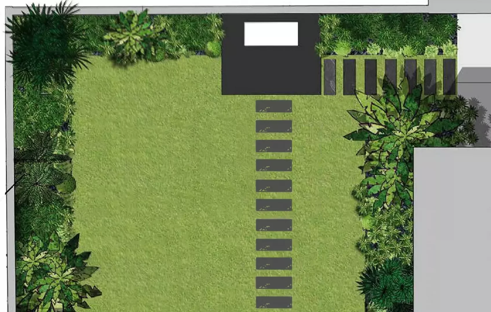 Plan de jardin avec piscine et terrasse bois 