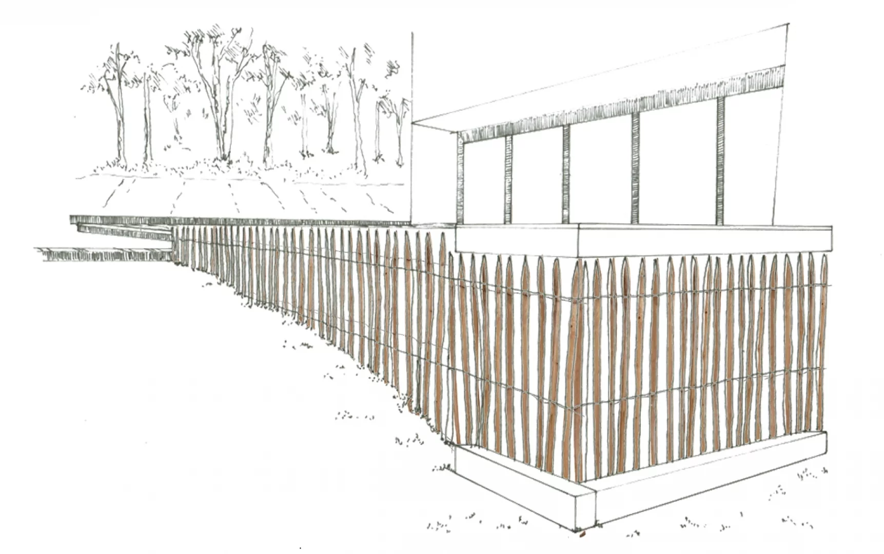 Plan et croquis d'un jardin en pente avec piscine