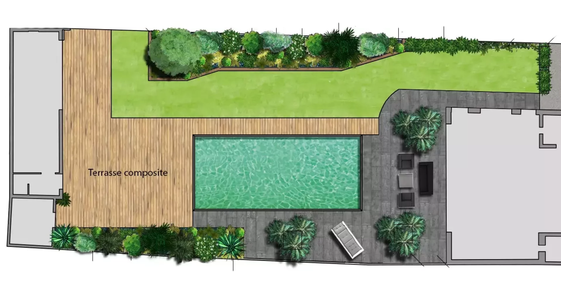 Plan de conception avec terrasse, piscine, et jardinières