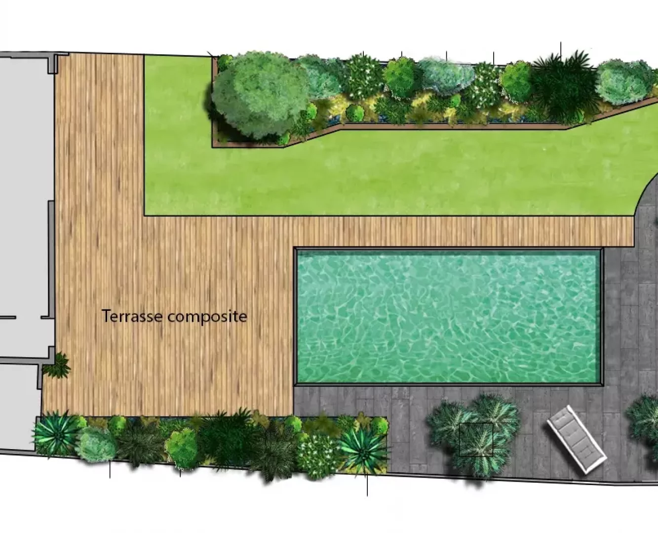 Plan de conception avec terrasse, piscine, et jardinières