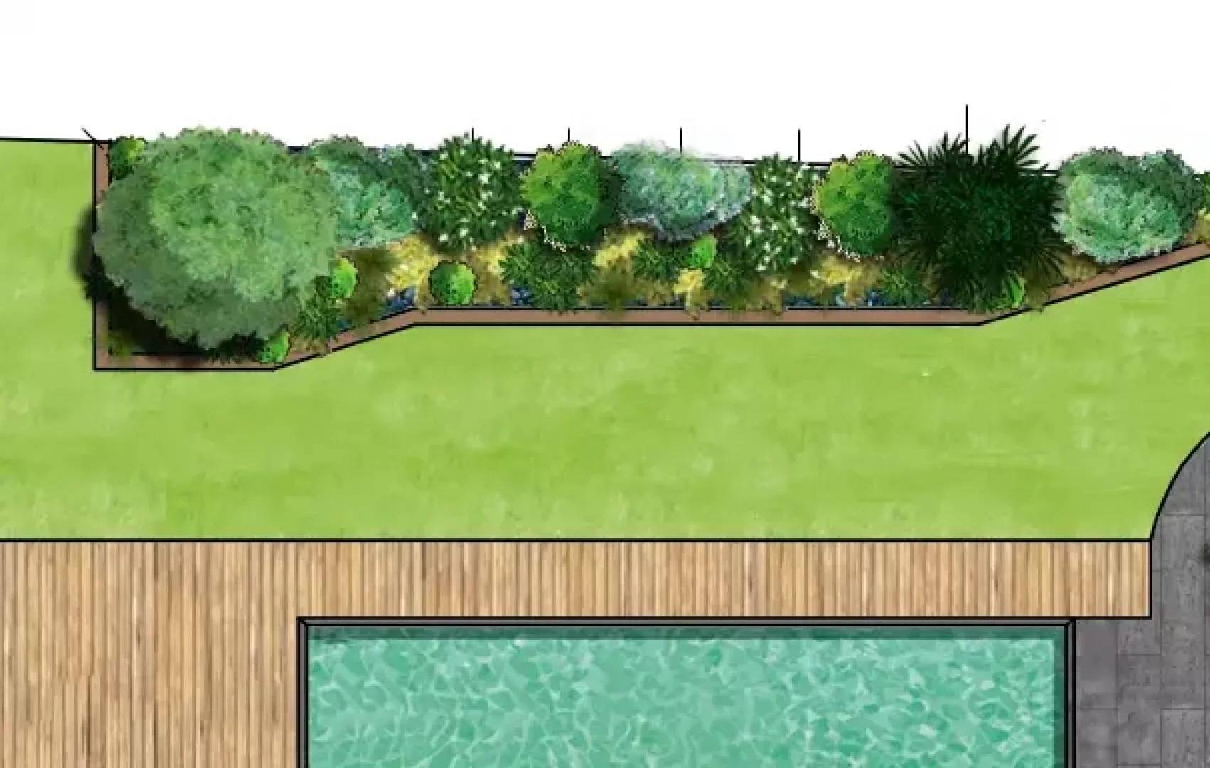 Plan de conception avec terrasse, piscine, et jardinires