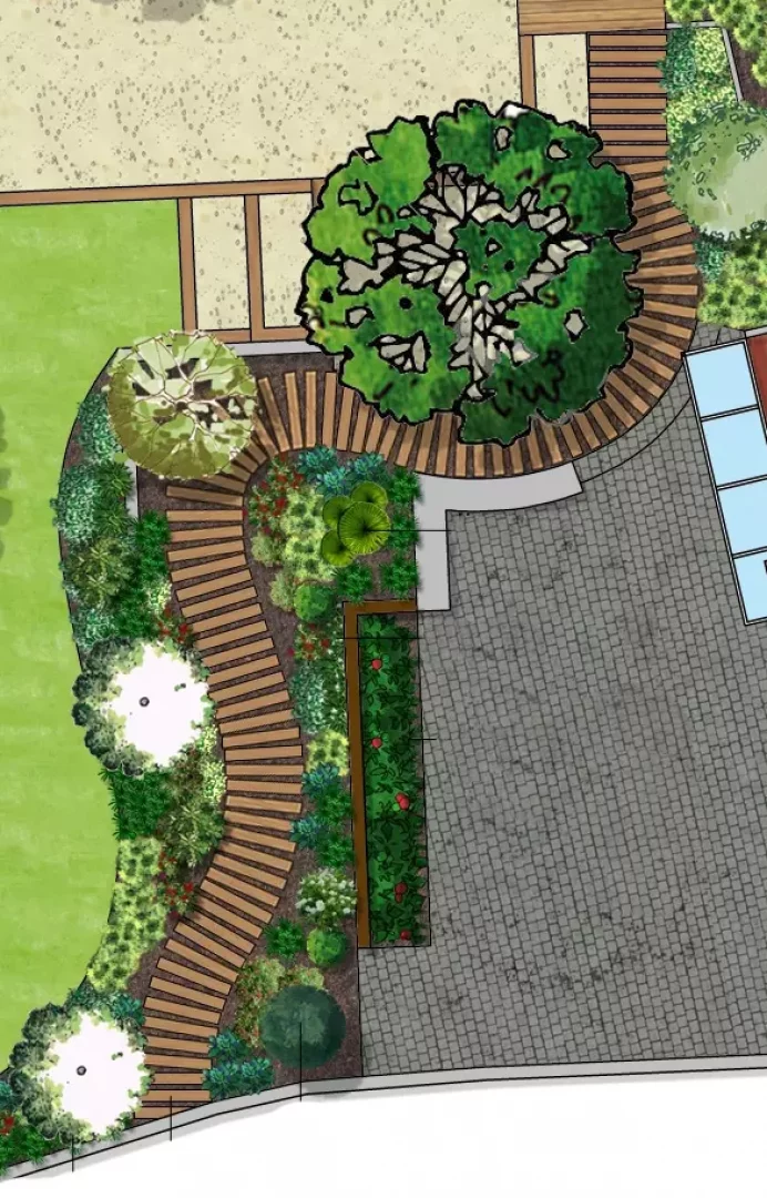 Plan de jardin avec espace dtente et terrain de ptanque