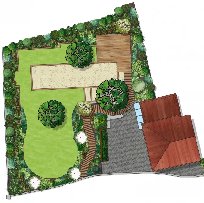 Plan d'aménagement d'un jardin champêtre avec boulodrome